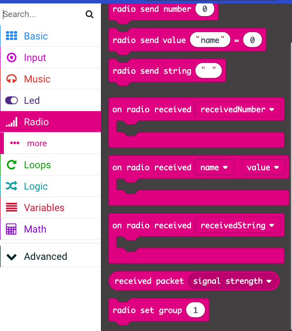 Setting the Radio group in MakeCode.