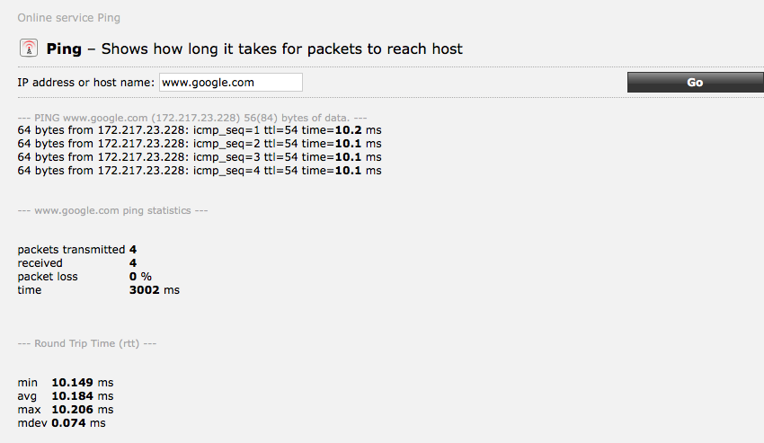 The output of running ping to send four messages to *www.google.com*. The <http://ping.eu/ping> online program reports round-trip time and a statistical summary of the results.